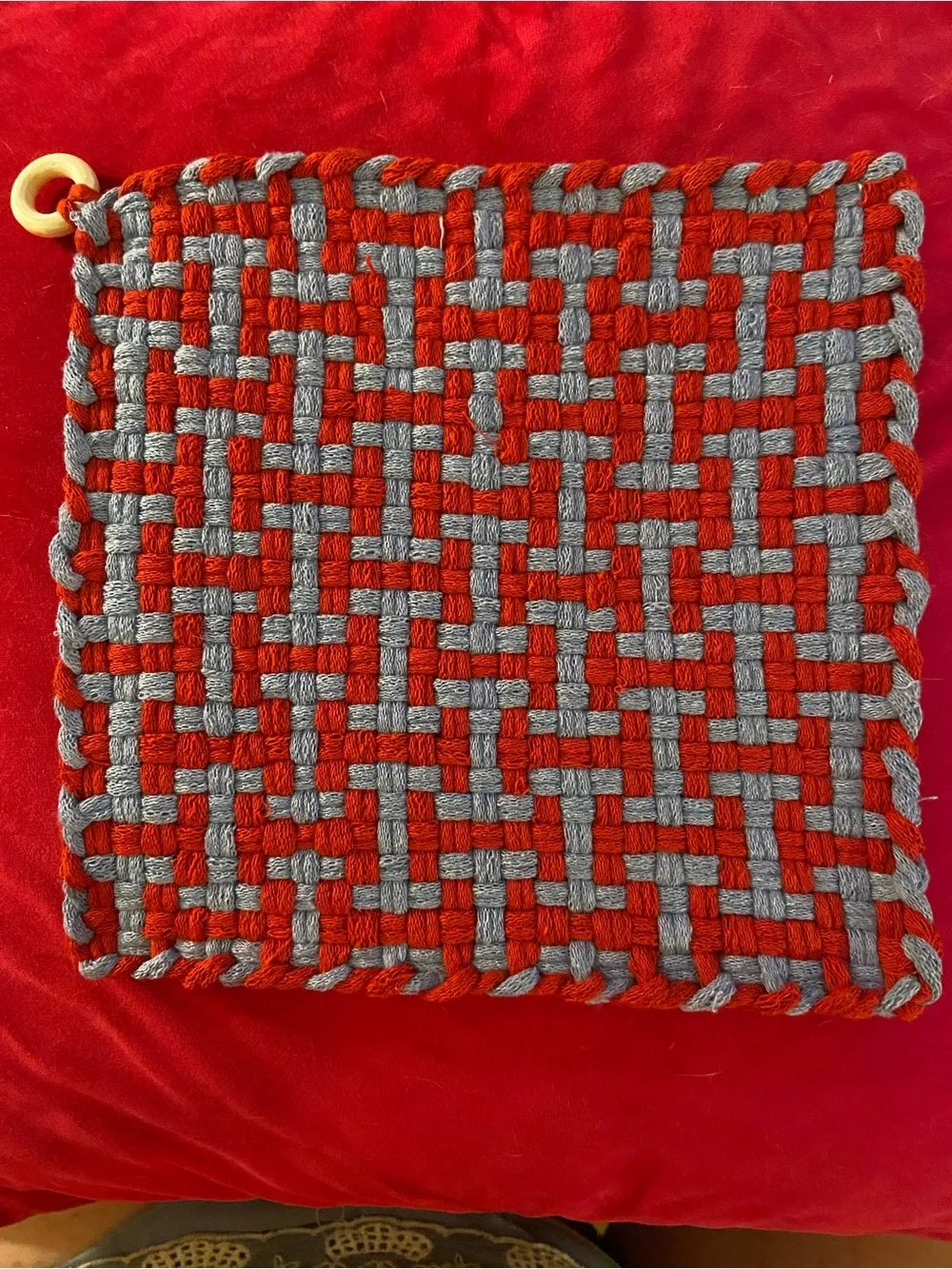 Handcrafted Red and Gray Woven Pot Holder